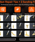 Display of 9 heat repair tips and 2 sanding files from the All-In-One Heat Set Inserts Kit For 3D Printers, Brass Threaded Inserts Pack With 350 Pieces, 60W Digital Soldering Iron, 6 Heat-Set Tips M2 M3 M4 M5 M6 M8, 9 Repair Tips, Soldering Rods, Holder, Sanding Sticks, And Tweezers.