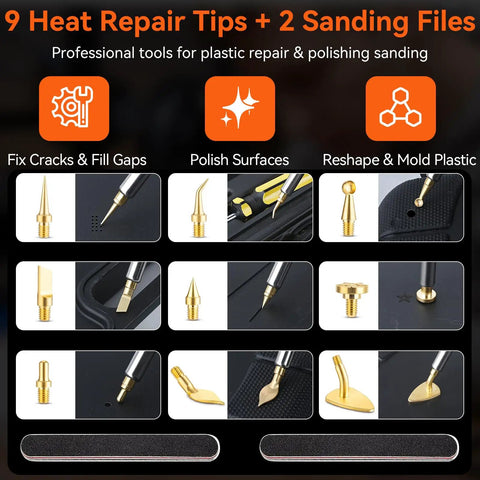 Display of 9 heat repair tips and 2 sanding files from the All-In-One Heat Set Inserts Kit For 3D Printers, Brass Threaded Inserts Pack With 350 Pieces, 60W Digital Soldering Iron, 6 Heat-Set Tips M2 M3 M4 M5 M6 M8, 9 Repair Tips, Soldering Rods, Holder, Sanding Sticks, And Tweezers.