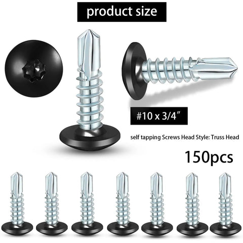 Heavy Duty Self Tapping Trailer Screws Number Ten By Three Quarter Inch Zinc Plated Big Rig Ready Fasteners With Zero Drill Hassle For Enclosed Car Haulers Rv Panels 150 Piece Box shown in truss head style.