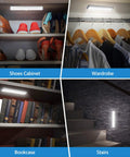 Bright Wireless Rechargeable Under Cabinet Lights 3 Pack With Magnetic Mount Motion Sensor Night Lights illuminating shelves and stairs