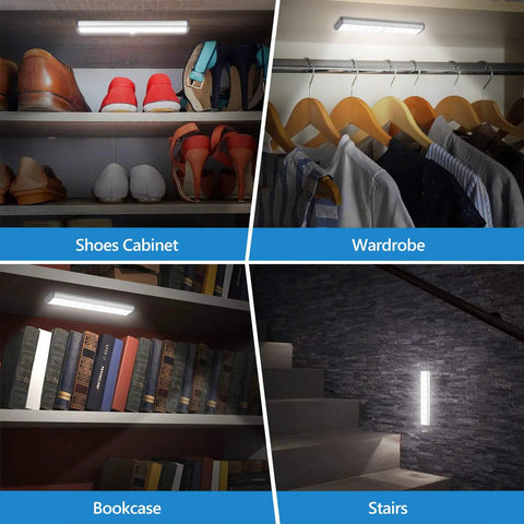 Bright Wireless Rechargeable Under Cabinet Lights 3 Pack With Magnetic Mount Motion Sensor Night Lights illuminating shelves and stairs