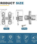 Slick Hidden Cabinet Door Hinge Set Of Three With Screws 180 Degree Cross Mount showing dimensions and screw details.