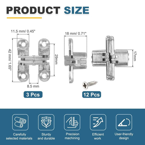 Slick Hidden Cabinet Door Hinge Set Of Three With Screws 180 Degree Cross Mount showing dimensions and screw details.