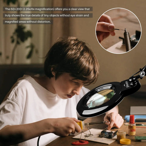 Child using Bifocal Magnifying Desk Lamp with Clamp and Detachable 6 Inch Lens for detail work on electronics at home desk.