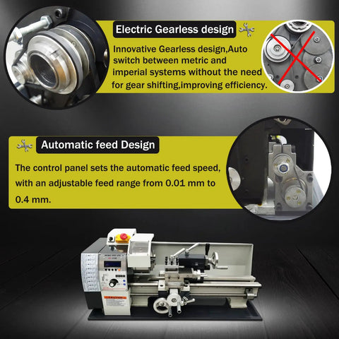 Close-up of Garage Grade Mini Metal Lathe Machine With Fast Electric Gear Shift And No Sweat Metric Imperial Conversion features automatic feed design.