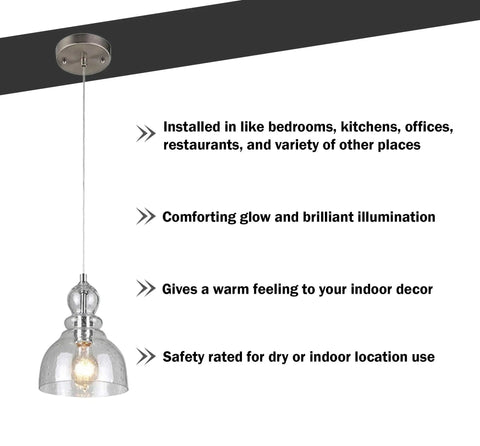 1 Light Indoor Adjustable Mini Pendant in Brushed Nickel with Hand Blown Seeded Glass, ideal for kitchens or bars.