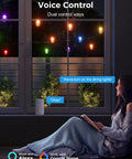 Voice Control for 123 Ft Outdoor Color Changing String Lights With RGB CWIC LEDs, shown with Alexa compatibility indoors.