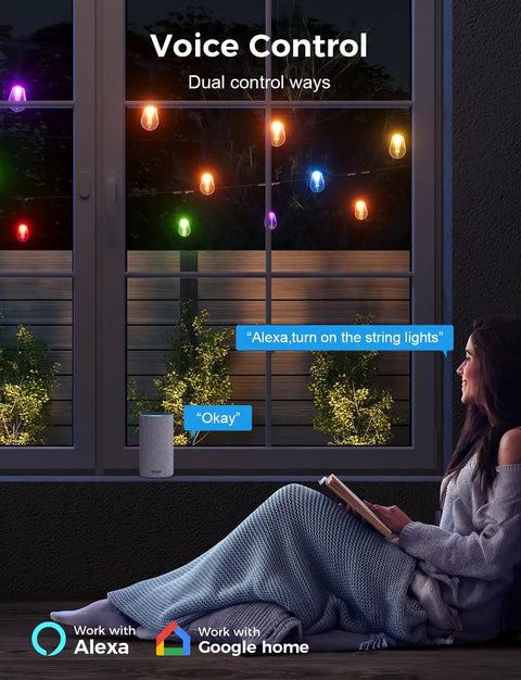 Voice Control for 123 Ft Outdoor Color Changing String Lights With RGB CWIC LEDs, shown with Alexa compatibility indoors.