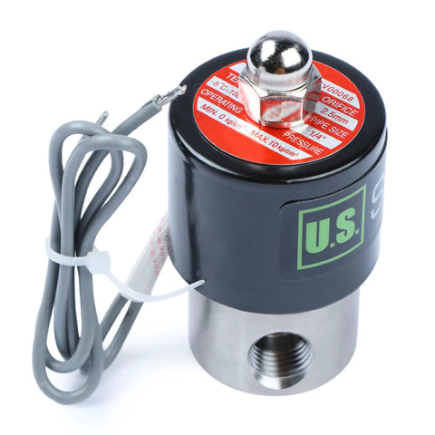 Stainless Steel 1/4 Inch Electric Solenoid Valve 24VDC Normally Closed With Viton Seals, showing side view with wiring