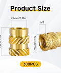 300 Pc M3 Heat Set Brass Inserts With Knurled Body, M3 X D4 X L5 Threaded Inserts For Plastic, displayed with dimensions