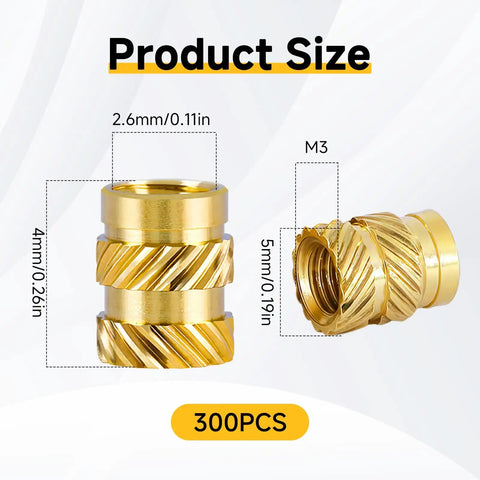 300 Pc M3 Heat Set Brass Inserts With Knurled Body, M3 X D4 X L5 Threaded Inserts For Plastic, displayed with dimensions