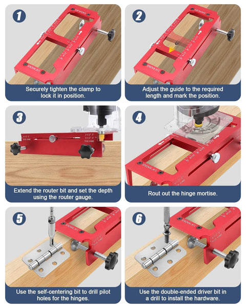 All In One Pro Door Hinge Jig And Lock Installation Kit with aluminum router template in use for hinge mortising on wood.