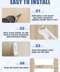 Easy installation steps for Rock Solid Clear Plastic Cabinet Shelf Pegs with 5mm hole drilling and peg insertion.