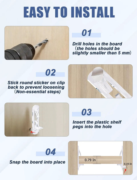 Easy installation steps for Rock Solid Clear Plastic Cabinet Shelf Pegs with 5mm hole drilling and peg insertion.