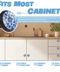 Crystal Glass Cabinet Knobs Set 4 Pack with White Tile Adorned by Blue Floral Swirls installed on kitchen cabinets