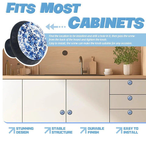 Crystal Glass Cabinet Knobs Set 4 Pack with White Tile Adorned by Blue Floral Swirls installed on kitchen cabinets
