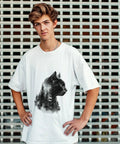 Man wearing t-shirt with cat forest print, part of Forest Animal Iron On Transfer 4 Pack For Clothing And DIY Projects Bear Cat Leopard Wolf Heat Transfer Stickers For T Shirts Hoodies Jackets DTF Ready To Press Washable Decals