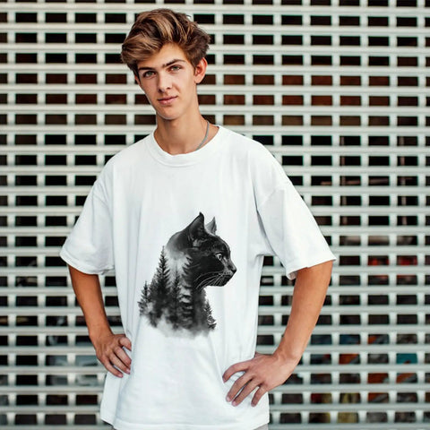 Man wearing t-shirt with cat forest print, part of Forest Animal Iron On Transfer 4 Pack For Clothing And DIY Projects Bear Cat Leopard Wolf Heat Transfer Stickers For T Shirts Hoodies Jackets DTF Ready To Press Washable Decals