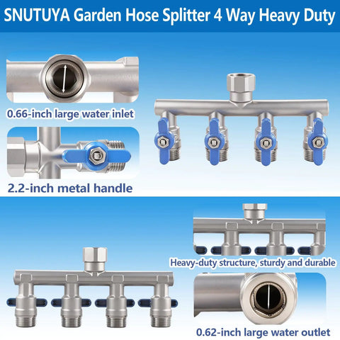 Heavy Duty 4 Way Garden Hose Splitter With Full Flow Ball Valve, 304 Stainless Steel, Lead Free, 3/4 Inch GHT Thread, Extra Long 2.1 Inch Handle, Outdoor Spigot Faucet Connector For Fast, Unrestricted Water Distribution, 4 outlets