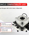 Front Wheel Hub And Bearing Kit For Jeep Wrangler 2007 To 2016, 5 Lug With ABS, 2 Piece Set shown with compatibility details