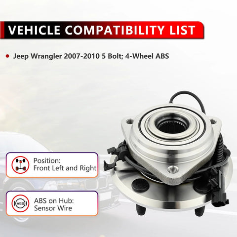 Front Wheel Hub And Bearing Kit For Jeep Wrangler 2007 To 2016, 5 Lug With ABS, 2 Piece Set shown with compatibility details