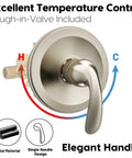 Brushed Nickel Shower Faucet Set With Valve And Handheld Shower Head Six Setting Shower System For Bathtub To Shower Remodel All In One Kit With Valve Included And Easy Water Control And Durable Finish showing elegant metal handle with temperature control design