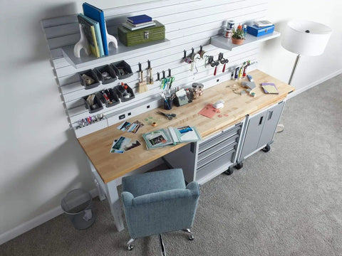 Heavy Duty Steel Shelf 30 Inch Wide Built Tough Design Holds Fifty Pounds organized workspace with tools and crafts on wooden desk