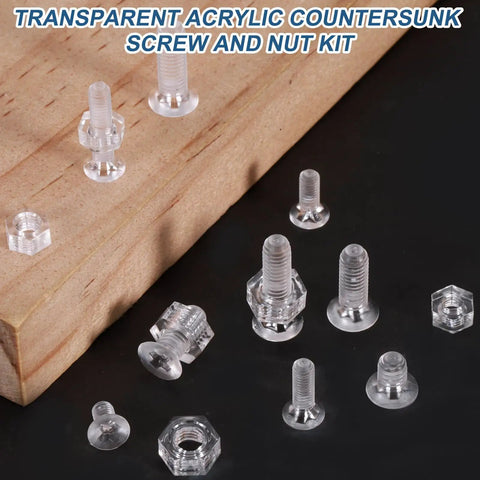 Rock Solid Clear Acrylic Bolts And Hex Nut Kit M4 X 6Mm Plastic Machine Screws on wood surface, showcasing transparent fasteners.