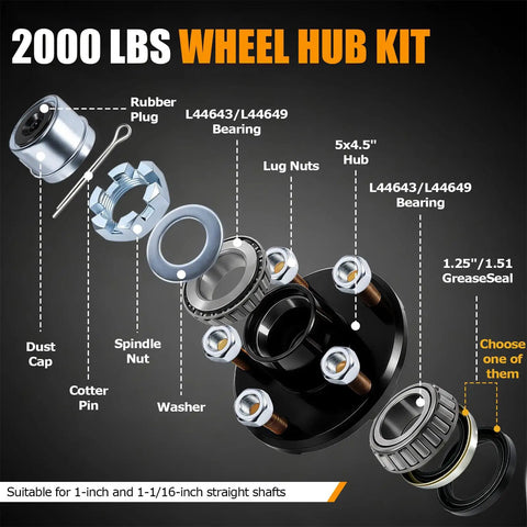 Solid Rig 2000 Lb 2 Pack Boat Trailer Hub Kit 5X4.5 Bolt Pattern showing components including seals and bearings.