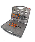 Open durable case showing 7 Piece Crimping Tool Set With Quick Exchange Jaw And Interchangeable Dies, Wire Stripper inside