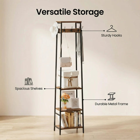 Freestanding Coat Rack With Seven Hooks And Three Shelves For Entryway Or Hallway, Industrial Rustic Brown And Black Finish