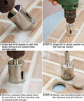 4-inch diamond core drill bit set for glass and ceramic tile; silver metal bits shown with a drill.
