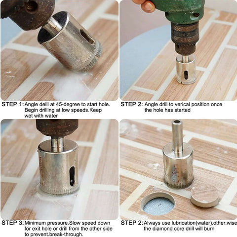 4-inch diamond core drill bit set for glass and ceramic tile; silver metal bits shown with a drill.