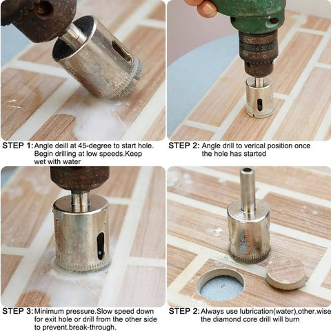 11 Piece Diamond Tile Hole Saw Set With Guide Jig for Ceramic Glass Tile Porcelain Marble shown in drilling steps