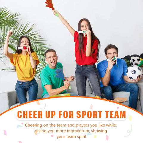 Four people cheering with 16 Pack Colorful 7.5 Inch Hand Clappers Noisemakers For Parties And Sports Events Plastic Clappers.