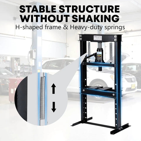 12 Ton Hydraulic H Frame Shop Press With Rugged Steel Assembly showcasing stable H-shaped frame and heavy-duty springs.