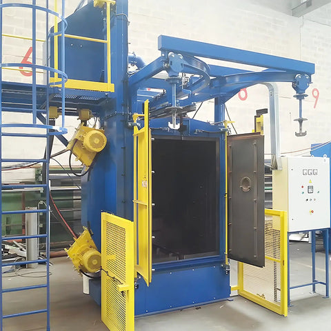 Hook-Type Shot Blasting Machine For Power Equipment Components Beefed-Up Build For Transformer Tank Parts, Generator Frames, And Switchgear Metal Assemblies In Electrical Workshops, blue steel unit