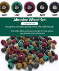 Abrasive wheel set for rotary tools, 50 pcs, 1/8 in shanks, 120-600 grit, multicolor grinding wheels.