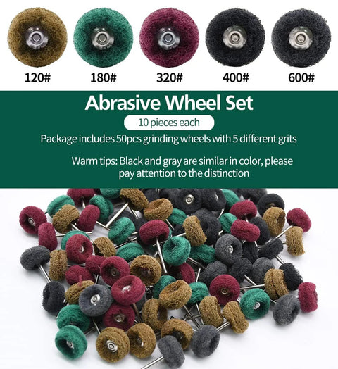 Abrasive wheel set for rotary tools, 50 pcs, 1/8 in shanks, 120-600 grit, multicolor grinding wheels.