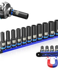 Heavy Duty Half Inch Deep Impact Socket Set With Magnetic Rail, 11 Piece Metric 10 To 24 Mm, 6 Point Lug Nut Removal Displayed