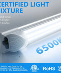 Ultra Bright 24W 3600LM 6500K D Shape T8 LED Shop Light linkable fixture close-up showing dimensions and certifications