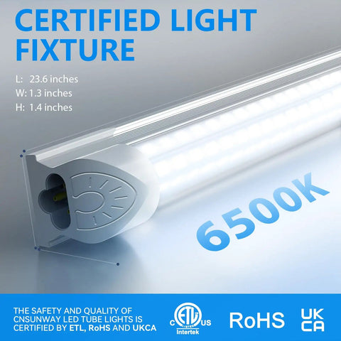 Ultra Bright 24W 3600LM 6500K D Shape T8 LED Shop Light linkable fixture close-up showing dimensions and certifications