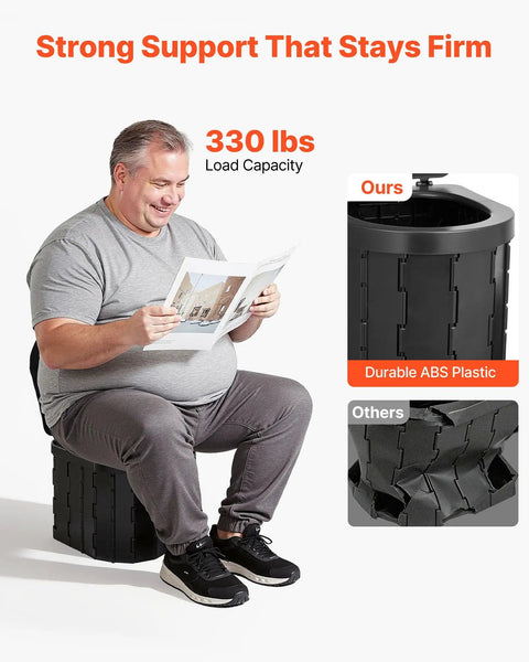 Man sitting on Grab And Go Portable Camping Toilet Kit With Pop Up Privacy Tent showing 330 lb load capacity.