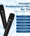 Two portable professional microphones featuring 4 sound effects, mic volume control, 360° pickup, and rechargeable design