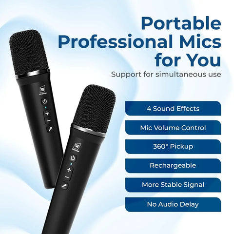 Two portable professional microphones featuring 4 sound effects, mic volume control, 360° pickup, and rechargeable design
