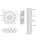 Technical diagram of 5-inch omni wheel for robots with aluminum alloy hub and detailed measurements for DIY robotic projects.