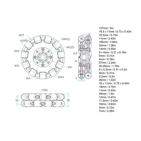 Technical diagram of 5-inch omni wheel for robots with aluminum alloy hub and detailed measurements for DIY robotic projects.