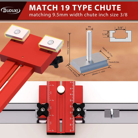 Must-Have Thin Rip Jig For Table Saw And Router Table, red jig with T-bolts and mounting hardware, fits 3/4 by 3/8 inch tracks