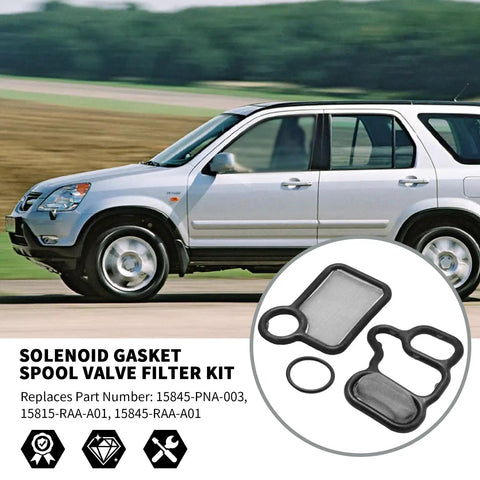 VVT VTEC Solenoid Gasket Spool Valve Filter Kit Replacement For Honda Accord CRV Civic TSX RSX RDX Element Fit 2002 2015 Replaces 15815 RAA A01 And 15845 RAA A0 shown in front of a Honda SUV