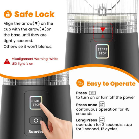 Instructions for operating the Personal Size Portable Blender For Shakes And Smoothies, 16oz Mini Small Smoothie Blender.